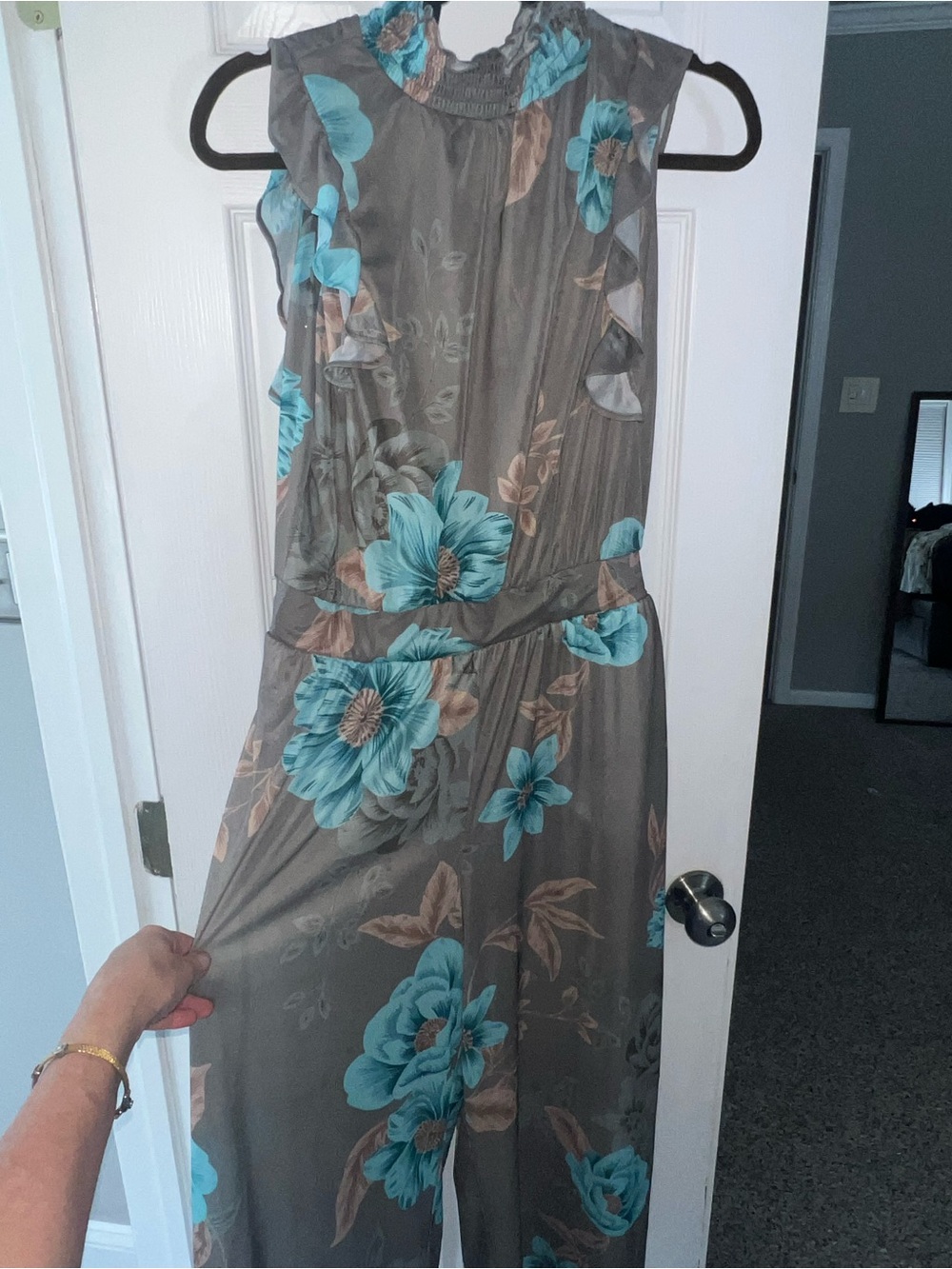 Sleeveless Floral Maxi romper in Teal and Taupe.